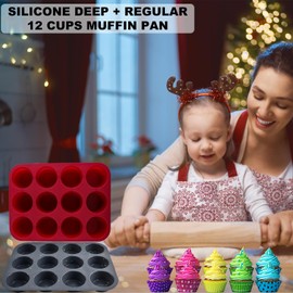 Nalchios Silicone Muffin Pan 2 Pack, 12-Cavity Chocolate Molds Silicone, Nonstick BPA Free Silicone Baking Molds, Dishwasher & Microwave Safe Muffin Tin, Easy To Use and Clean Candy Molds