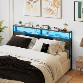 Livofloral Headboard King Size, Headboards with Charging Station, USB Port and LED Light, Head Board with 2-Tier Storage Shelf, Adjustable Height, Easy Assembly, Sturdy and Stable, Black