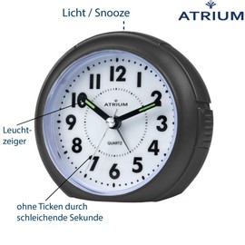 Atrium Wecker Analog Quarz ohne Ticken mit Licht und Snooze Schwarz Metallic A240-7