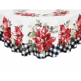 Newbridge Poinsettia Festivity Gingham Bordered Christmas Fabric Tablecloth, Country Cottage Print Easy Care, Stain Release Tablecloth, 60” x 84” Oval