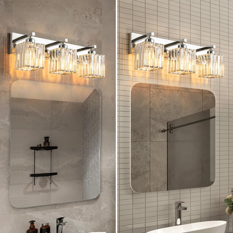 FDPBY Modern Bathroom Vanity Light 3-Lights Chrome Crystal Bathroom Wall