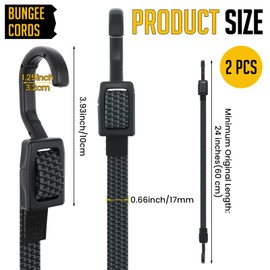 MARRTEUM 24 Inch Flat Adjustable Bungee Cords with Hooks Heavy Duty Elastic Rope Straps for Camping, Bicycles, Folding Bikes, Luggage. (2 Pcs Gray Black, Plastic Wrapped Steel Hook)