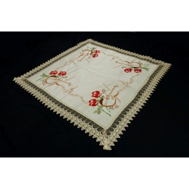 Marina Decoration Vintage Elegant Embroidered Cutwork Kitchen Dining Tablecloth, Red Rose and Violin with Beige Base 36 Inch Square for Small Coffee Tea Table and Nightstand