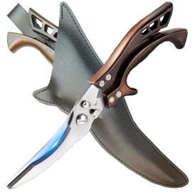 ANDONG Kitchen Scissors, Heavy Duty Professional Poultry Shears, Stainless Steel Spring Loaded, Dishwasher Safe, with Black Leather Sheath