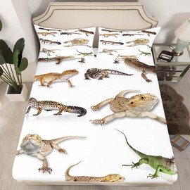 Feelyou Reptile Bed Sheets Leopard Gecko Sheet Set for Kids Boys Girls Primitive Wildlife Animals Lizard Bed Set Beige White Green Decor Sheets Room 4Pcs Queen Size