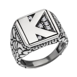 Men's Sterling Silver Cubic Zirconia Initial "K" Nugget Ring (Size 14)