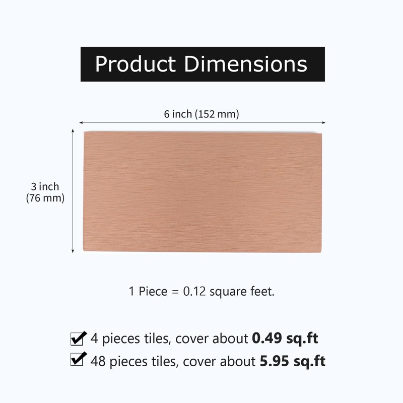 48 Pieces Copper Peel and Stick Backsplash, 3"x6" Metal Backsplash