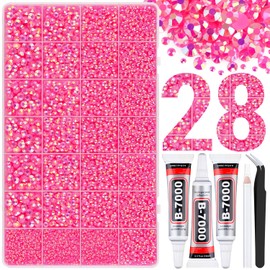 30000Pcs Resin Rhinestones for Bedazzling with Tweezers, Hot Pink AB Rhinestones for Crafting with 3Pcs 10ml B7000 Jewelry Glue for DIY Crafts Clothing Tumblers Shoes Fabric Nail Art