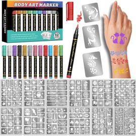 Marcadores De Tatuajes Temporales Para La Piel, 12 Marcadores Metálicos Corporales De Colores Surtidos + 160 Plantillas De Tatuajes Para Niños Y Adultos. Ideales Para Pintar La Cara, Para Ho