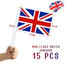 15pcs Union Jack, Mini Waving Flags, Party Decoration Bunting, King Charles III Coronation Souvenir, Suitable for Celebrating Royal Celebrations, Sporting Events (14 * 21cm)