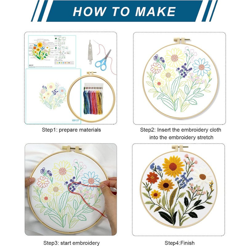 Zhenqing Sunflower Daisy Embroidery Kit for Beginners, Floral Needlework Kit