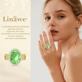 Linawe Chunky Gold Adjustable Rings for Women, Peridot Green Birthstone Imitation Diamond Rings, Fake Faux Crystal Gemstone CZ Rhinestone Ring, Vintage Statement Cocktail Rings