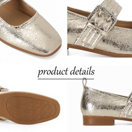 Dsevht Mary Janes Flats for Women Fashion Square Toe Flat Low Heel Easy Buckle Strap Flats Shoes Gold