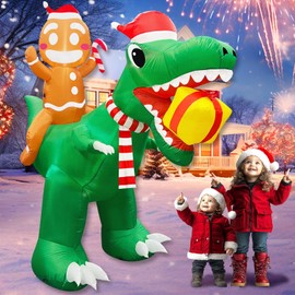 8 Ft Christmas Inflatable Gingerbread Man Ride on Dinosaur with Gift Box Outdoor Decoration Built-in LED Lights, Blow up Christmas Yard Decoration for Party Lawn Holiday Garden Decor Outside