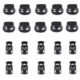 Spring Cord Stoppers, Pack of 20 (Round, 2 Holes x 10 + Barrel Shape, 1 Hole x 10), Plastic Cord Lock, String Fastener, Hole Diameter Approx. 0.2 inches (6 mm), Replacement, Repair Shoelaces, Outdoor Use