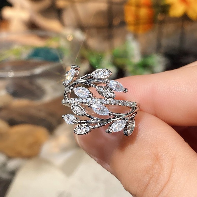 IMINI Fashion Leaf Adjustable Statement Ring Crystal Cubic Zirconia Leaves