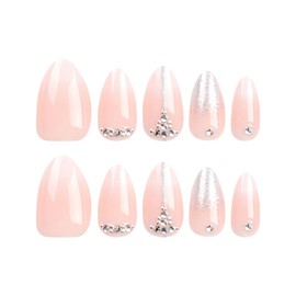 JUSTOTRY 24 Pcs Glitter Almond Press on Nails Short with Diamond Designs,White and Nude False Nails Oval,French Stick on Nails for Women and Teens,Pretty Fake Nails for Nails Art