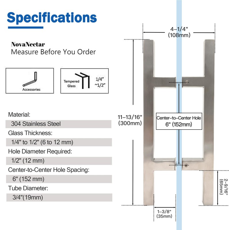 NovaNectar Square Ladder Pull Back-to-Back Handle, 304 Stainless Steel Bathroom