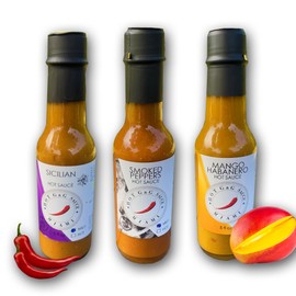 G&G Hot Sauce Variety Pack – 3 Flavors: Mango Habanero, Sicilian, Smoked Peppers – Vegan, Artisan Recipes, No Additives – Gourmet Gift Set – 5 fl oz Bottles x 3 – HOT