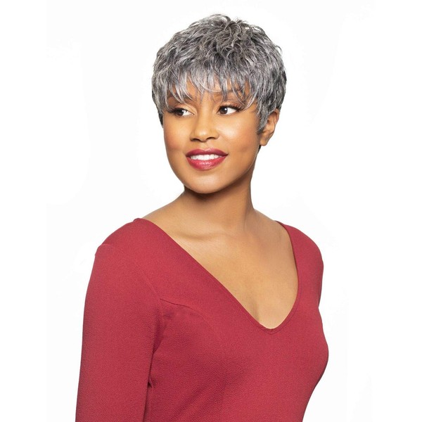 Alicia Beauty Foxy Silver Collections Wavy Short Bang Fixie Style Gorgeous Gray Wig, Premium Synthetic Fibers, Lightweight and Secure Fabulously Natural - HATTIE (S99J)