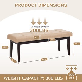 End of Bed Bench, 47.2" Linen Button-Tufted Upholstered Rubberwood Bench for Bedroom with Padded Cushion, Modern Shoe Bench Bedroom Bench for Living Room Entryway Dining Room Hallway, 300 LB, Beige