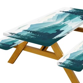Picnic Table Cover with Bench Covers, Mountains Green Lake Tree Camping Essentials Tablecloth Fitted Rectangle Tables and Seats, Misty Landscape with Elastic Windproof Edges Picnic Table Cloth Cover