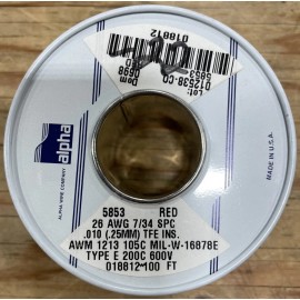 Alpha Wire 5853 RD005 Hook-Up Wire, 26AWG, 7/34, PTFE, 26/1c, 600V, 100ft, Red