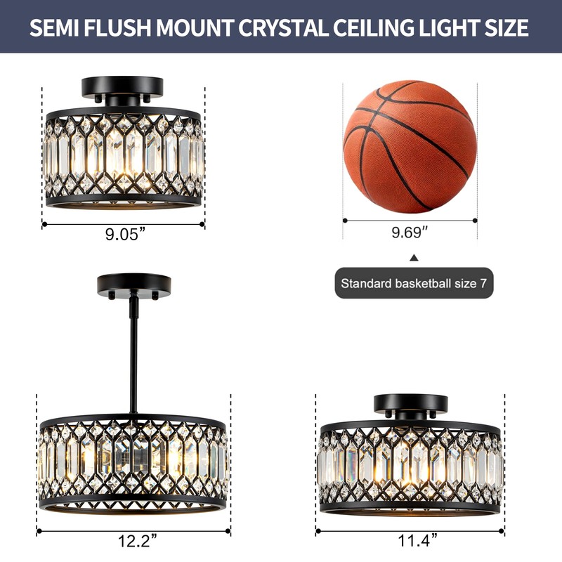 Zlepmlla Crystal Black Ceiling Light, Modern Semi Flush Mount Ceiling