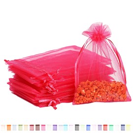 100pk Rose Red Organza Gift Bags,9x12cm Small Organza Favor Bags,Wedding Jewelry Pouches with Drawstring,Mesh Candy Favour Bag Party Sweet Bags for Birthday,Wedding,Christmas,Gift Wrapping