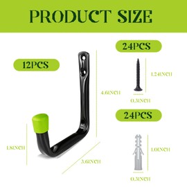 Tel Charme * 12 Pack Heavy Duty Garage Hook, J Utility Wall Mount Ladder Hooks Garden Tools Storage Hooks for Garage, Metal Wall Hooks Heavy Duty, Garage Hook for Hanging, Green