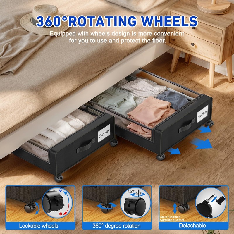 Beborxue Under Bed Storage with Wheels, 4-Pack Under Bed Storage