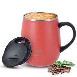 Ideus - Taza de café aislada de 16 onzas con asa y tapa, doble pared de acero inoxidable aislado al aspiradora, taza de café de viaje para el hogar y la oficina, color rojo medusas