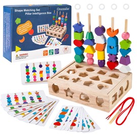 Orannalar 3 in 1 Wooden Color Sorting Stacking Toys, Montessori Toys Geometric Shape Matching Game Wooden Beads Sequencing Toy Set Lacing Beads Stem Fine Motor Skills for Toddlers