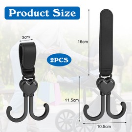 Pram Hooks, Pack of 2 Universal Pram Hooks, 360° Rotatable Pram Hook, Heart Shape Velcro Hook, Pram for Changing Bag for Wheelchairs, Pushchairs, Shopping Trolleys, Bikes