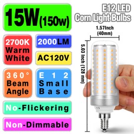 Big Size 1.57x 5.03 inch, E12 150w LED Candelabra Bulbs C7 Replacement,2700K Warm White,2000 Lumen T6 E12 15W LED Chandelier Light Bulbs for Ceiling Fan Pendant Lighting Floor Lamp,Non-dimmable,4 Pack