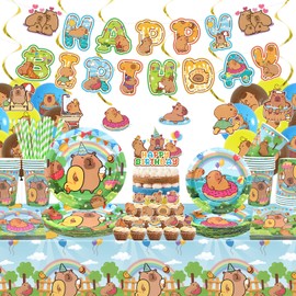 KEFAN Capybara Birthday Party Decorations, Capybara Theme Party Tableware Supplies including HAPPY BIRTHDAY Banner, Plates, Cups, Napkins, Tablecloth, Balloons, Serves 20