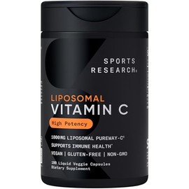 Sports Research® High Potency Liposomal Vitamin C Supplement 1000 mg – Certified Vegan, Non-GMO, Gluten Free | Antioxidant & Immune Support | Ascorbic