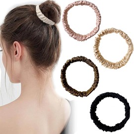 4 Pcs Silk Scrunchie,Pure Mulberry Silk Scrunchie-Frizz & Breakage Prevention-Hair Care Ponytail Holders for Women,Small Slim Hair Tie Curly Hair Luxurious Elastic Scrunchies Set