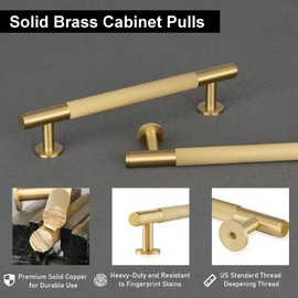 QOGRISUN 5-Pack Solid Brass Cabinet Pulls, Modern Gold Bar Handles, 6-1/4-Inch Hole Center for Kitchen Drawer Dresser Cupboard, 7.8-Inch Total Length, Brushed Brass Finish – Eleganza