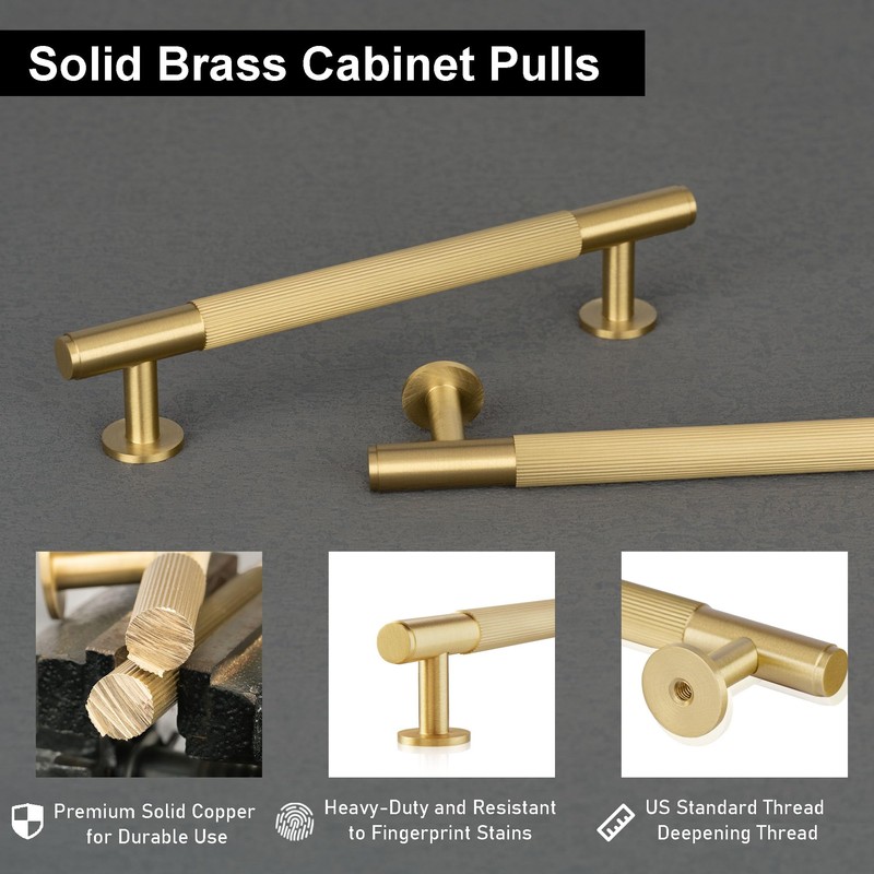 QOGRISUN 5-Pack Solid Brass Cabinet Pulls, Modern Gold Bar Handles,
