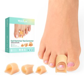 Welnove Hammertoe Corrector - 6 Pack Gel Toe Straighteners for Bent, Curled & Crooked Toes, Day & Night Comfort, Beige, Multi-Size