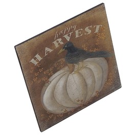 Happy Harvest Pumpkin Crow Vintage Style Fall Autumn Harvest Thanksgiving Sign Shelf Sitter - Printed Image Affixed To 5" x 5" Wood Square