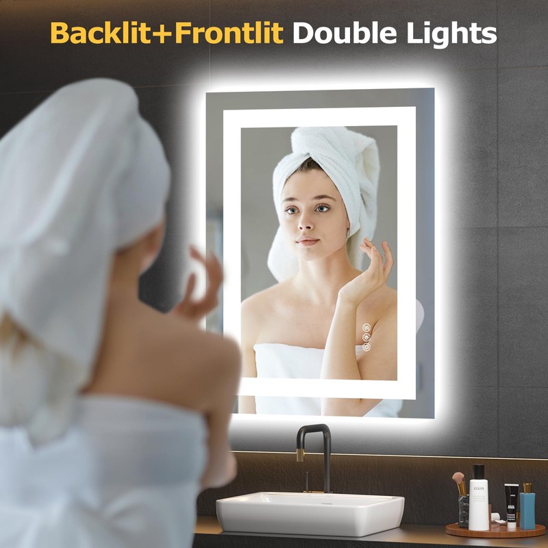 Hivone 28X20 LED Bathroom Mirror with Lights, Anti-Fog, Dimmable, Backlit