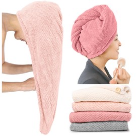 ROLSHOL Extra Large 4 Pack Microfiber Hair Towel Wrap for Women Super Absorbent & Quick Dry Hair Drying Towels with Button, Hair Turbans for Curly Hair Long & Short Hair - Anti-Frizz Coral Pink