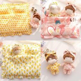 YUYAKESHI Cotton Doll Bed Cute Accessories for 5.9 inches (15 cm) / 7.9 inches (20 cm) Dolls, Pillow, Plush Bedding Quilt Decoration, Set of 4, 11.8 x 15.7 inches (30 x 40 cm) (Cherry Bedding)