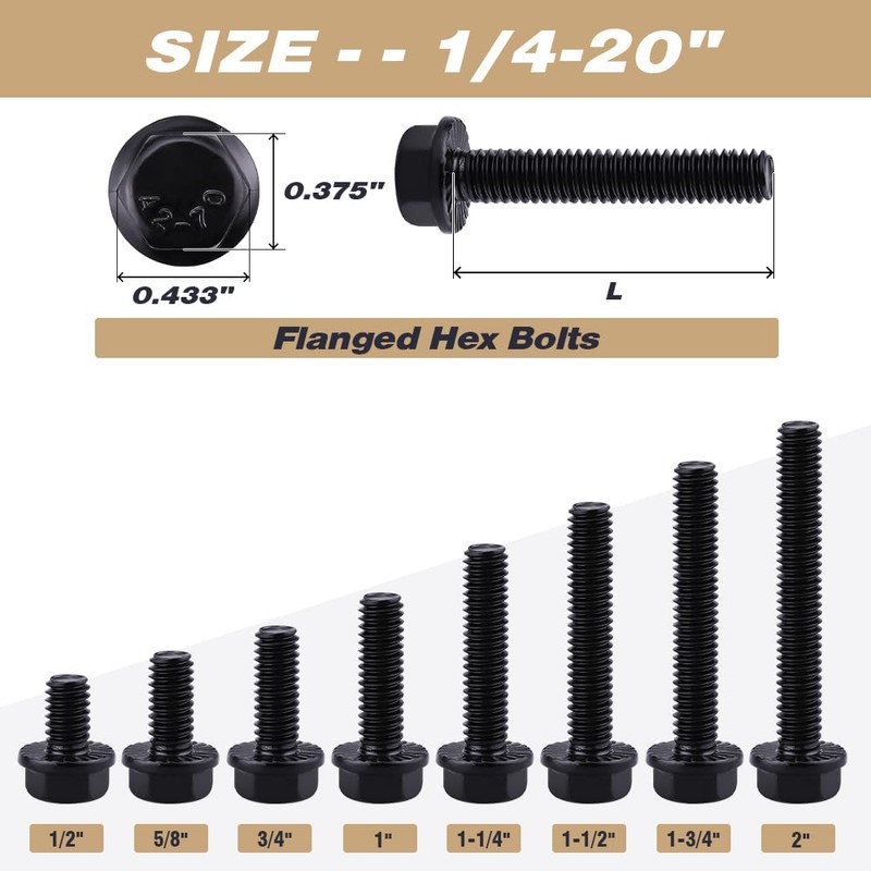 20-Sets 1/4-20 x 1/2" Hex Flange Bolts and Nuts Black,