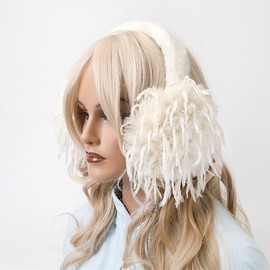 Fashionable Foldable Earmuffs for Autumn and Winter - Warm Plain Ear Warmers with New Tassel Feathers Portable Ear Cups Earmuffs, beige