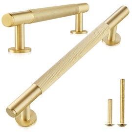 QOGRISUN 5-Pack Solid Brass Cabinet Pulls, Modern Gold Bar Handles, 6-1/4-Inch Hole Center for Kitchen Drawer Dresser Cupboard, 7.8-Inch Total Length, Brushed Brass Finish – Eleganza