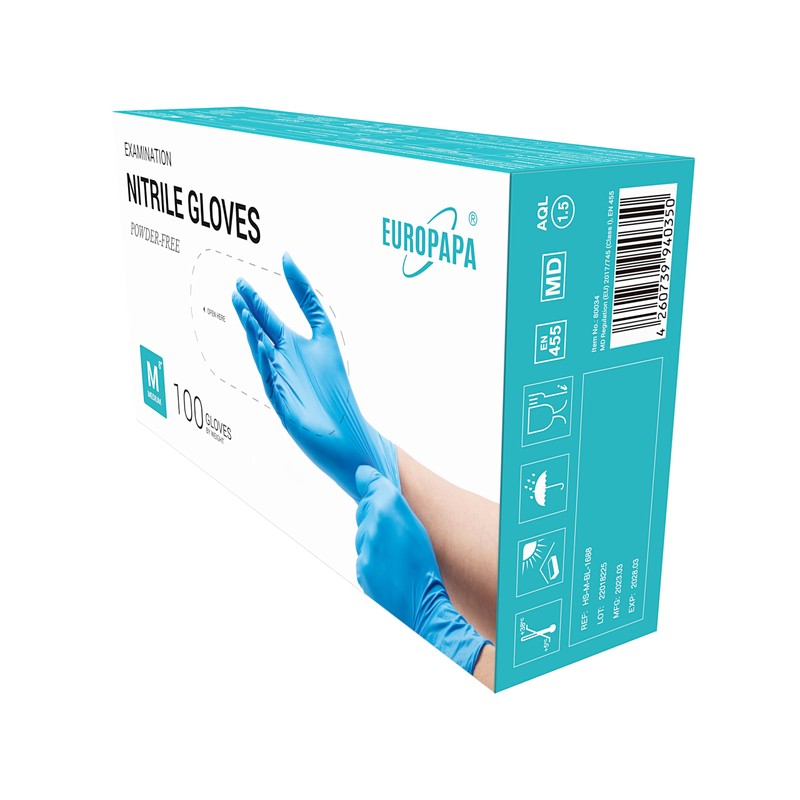 EUROPAPA® Disposable Nitrile Examination Gloves, Powder–Free, Latex–Free, Non–Sterile, Box of