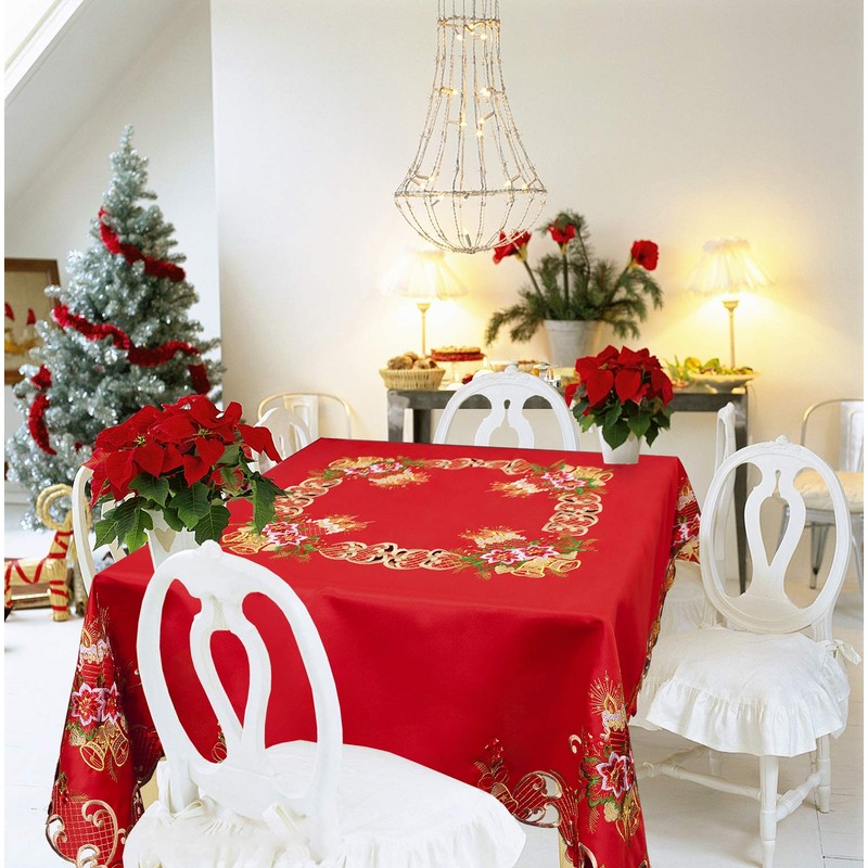Grelucgo Embroidered Christmas Holiday Red Tablecloth (Square 54 Inches)